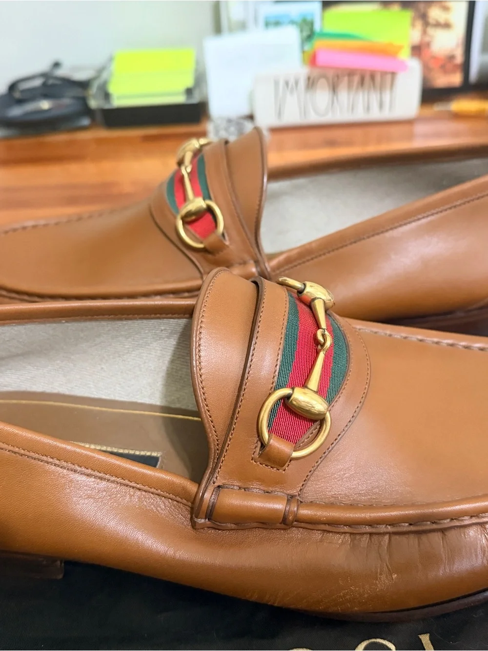 Gucci Tan Leather Como Horsebit Loafers with Green-Red Web